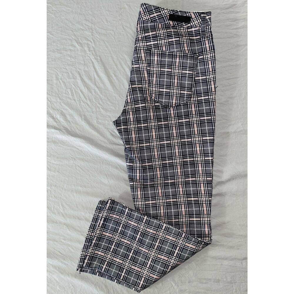 Sanctuary Denim Connector Kick Crop Stretch Canvas Jeans. Black/Pink Plaid, 28.